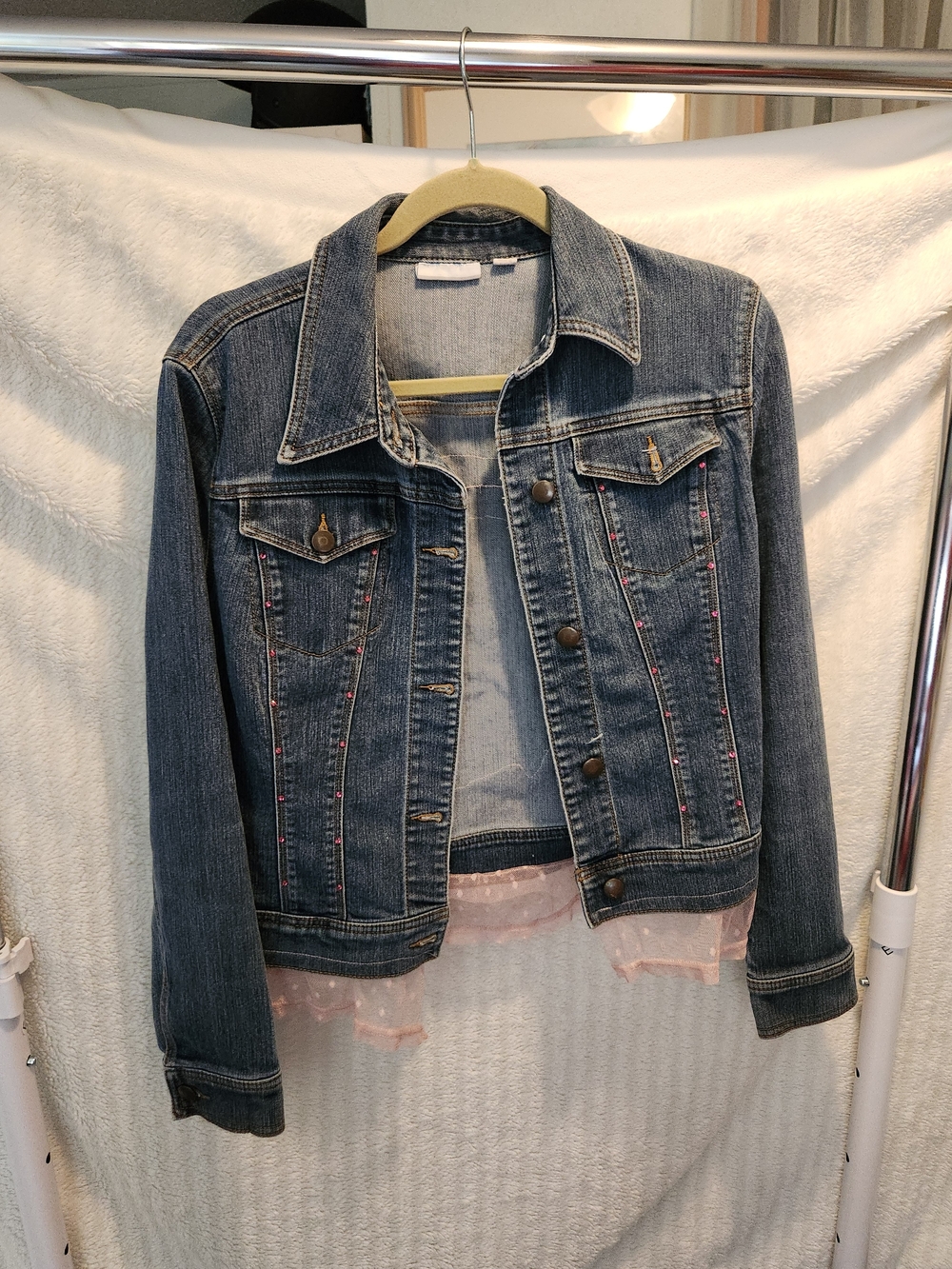 New York & Company Girls Blue Denim Jean Jacket with Pink Trim